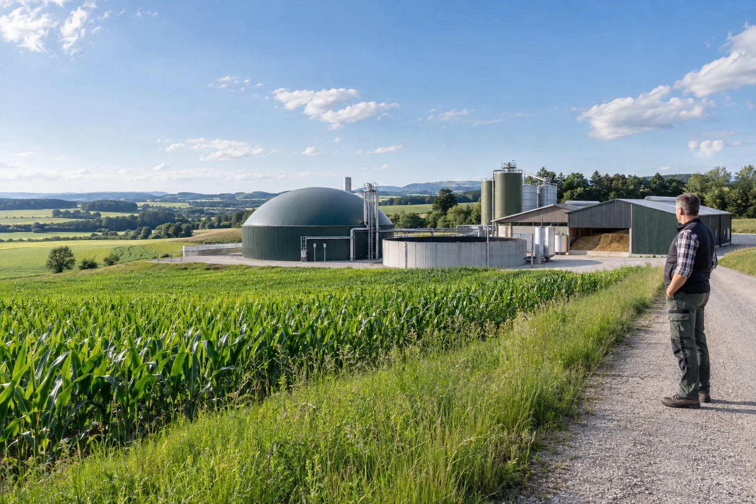 Mitteleuropäischer Agrarbetrieb mit Biogasanlage und bewirtschafteten Flächen